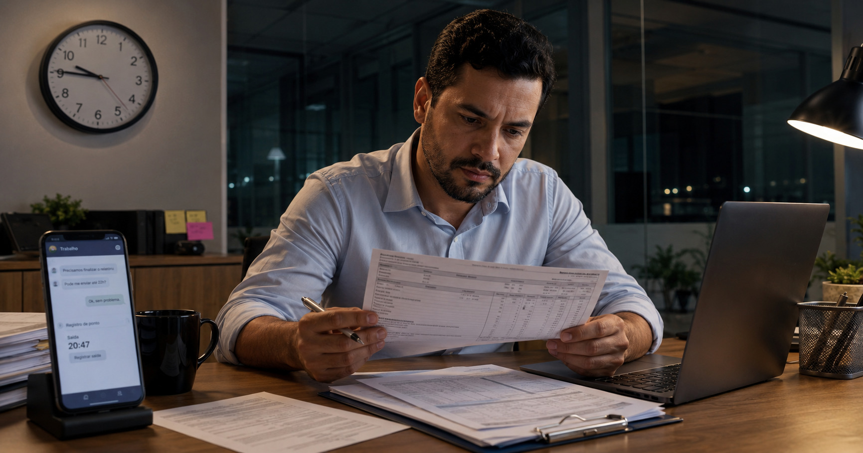 Trabalhador brasileiro conferindo holerite para calcular horas extras e direitos trabalhistas