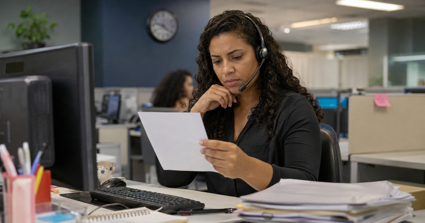 Mulher supervisora de telemarketing analisando documentos sobre direitos dos supervisores de telemarketing